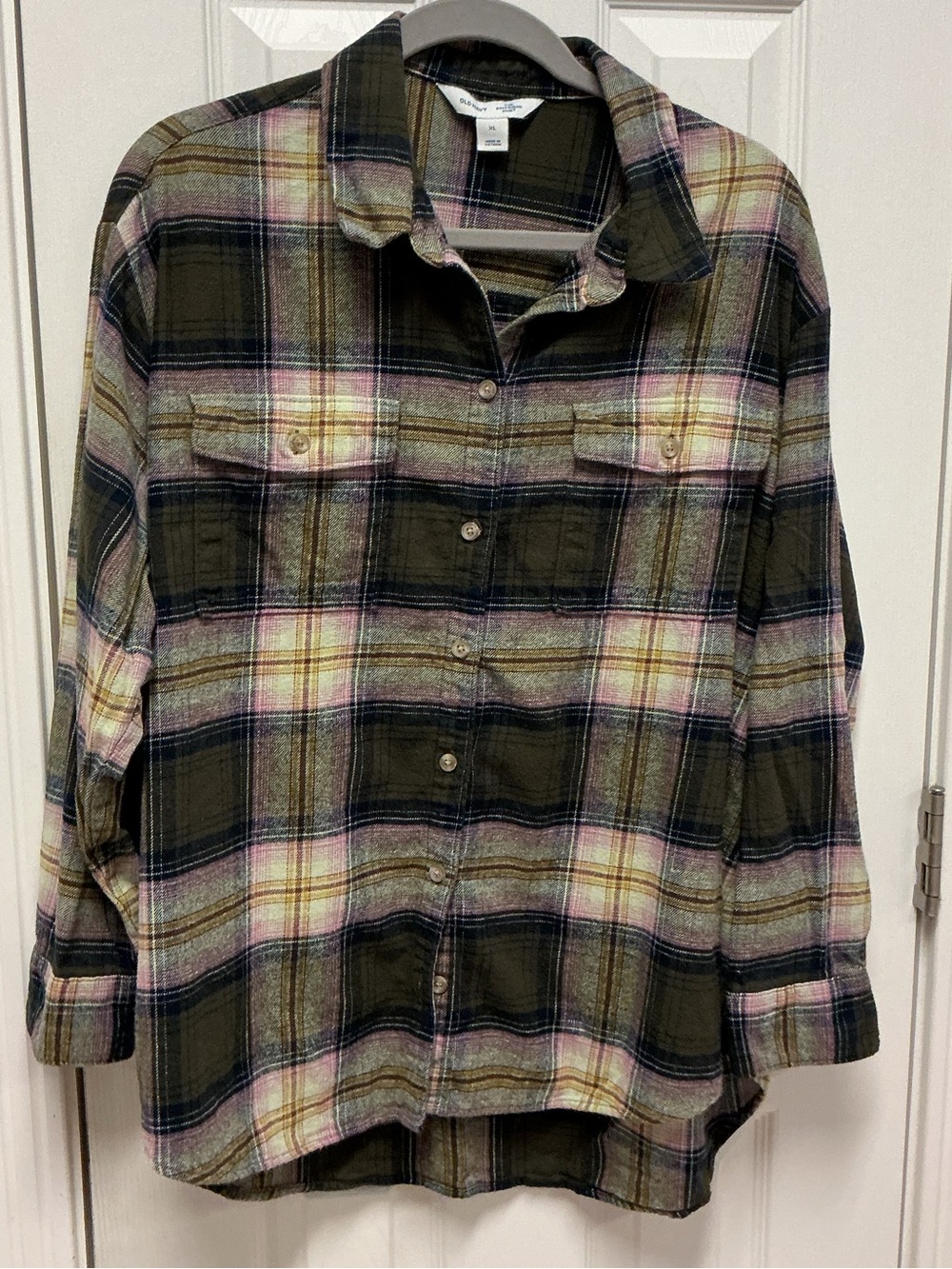 Old Navy The Boyfriend Flannel Shirt Plaid Olive Green Pink Yellow Size XL